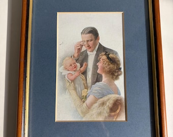 Oryginalna pocztówka z epoki edwardiańskiej z 1915 r. w oprawie, elegancka rodzina z monoklem, autentyczna efemeryda z Brighton, antyczna galeria ścienna, portret