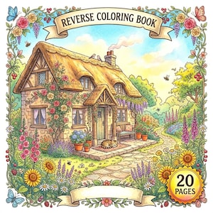 May include: A reverse colouring book with a cover illustration of a thatched-roof cottage surrounded by a vibrant garden with sunflowers, roses, and lavender. A cat rests on the porch, and the text reads REVERSE COLOURING BOOK and 20 PAGES.