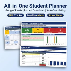 Puede incluir: Una plantilla digital de planificador estudiantil todo en uno para Google Sheets con un panel de control, rastreador de GPA, alertas de fechas límite y medidor de estrés. La interfaz muestra cronogramas de estudio y gráficos.