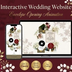 May include: An interactive wedding website template featuring an envelope opening animation displayed on a smartphone and laptop. The design includes floral accents, photo frames, and text reading Interactive Wedding Website Envelope Opening Animation.