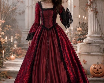 Gothic Victorian Lace Gown, Renaissance Medieval Corset Dress, Halloween Cosplay Costume