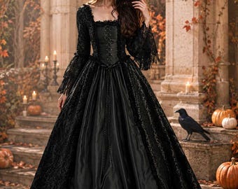 Gothic Victorian Lace Gown, Renaissance Medieval Corset Dress, Halloween Cosplay Costume