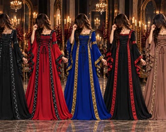 May include: Five floor-length gowns with square necklines, lace-up bodices, and flared bell sleeves. The dresses feature contrasting vertical panels and intricate trim along the center and sleeves, available in black, red, blue, and brown colors.