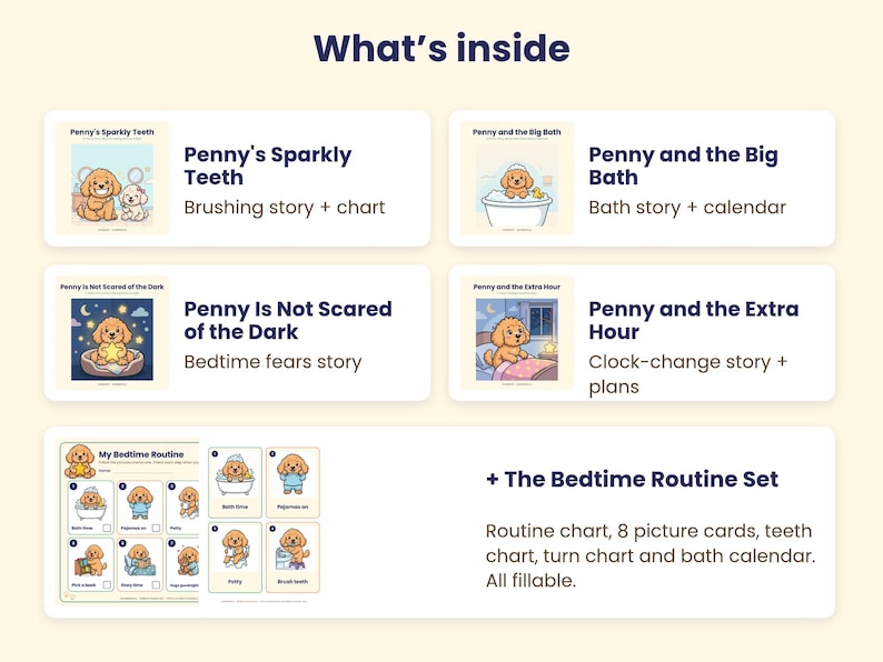 K&ouml;nnte beinhalten: Eine Sammlung von Lernmaterialien mit dem Titel What's inside, bestehend aus vier Bilderb&uuml;chern: Penny's Sparkly Teeth, Penny and the Big Bath, Penny Is Not Scared of the Dark und Penny and the Extra Hour, sowie einem Set f&uuml;r die Schlafenszeit.