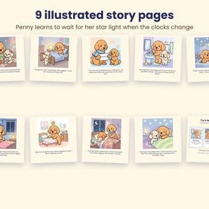 Puede incluir: Nueve p&aacute;ginas de historia ilustradas tituladas Penny learns to wait for her star light when the clocks change. Las p&aacute;ginas muestran cachorros dorados de dibujos animados en varios dormitorios y ba&ntilde;os con pies de foto.