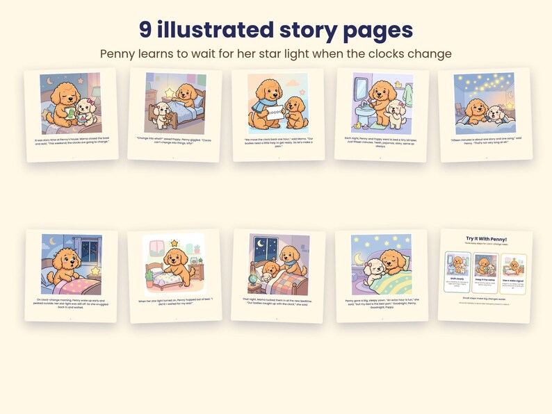 Puede incluir: Nueve p&aacute;ginas de historia ilustradas tituladas Penny learns to wait for her star light when the clocks change. Las p&aacute;ginas muestran cachorros dorados de dibujos animados en varios dormitorios y ba&ntilde;os con pies de foto.