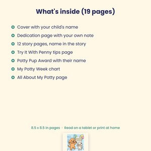 Peut inclure: Un guide de livre num&eacute;rique de 19 pages avec du texte bleu fonc&eacute; sur fond cr&egrave;me. Il liste le contenu incluant une couverture personnalis&eacute;e, une page de d&eacute;dicace, 12 pages d'histoire, des conseils, un prix Potty Pup, un tableau et des notes. 21,59 x 21,59 cm.