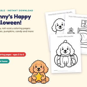 Puede incluir: Un conjunto de p&aacute;ginas para colorear imprimibles tituladas Penny's Happy Halloween con un cachorro de dibujos animados. Las p&aacute;ginas incluyen ilustraciones de un cachorro, una calabaza y una escena de dormitorio. Un cachorro sostiene una estrella.