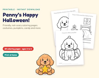 May include: A set of printable coloring pages titled Penny's Happy Halloween featuring a cartoon puppy. The pages include illustrations of a puppy, a jack-o'-lantern, and a bedroom scene. A small illustration of a puppy holding a yellow star is included.