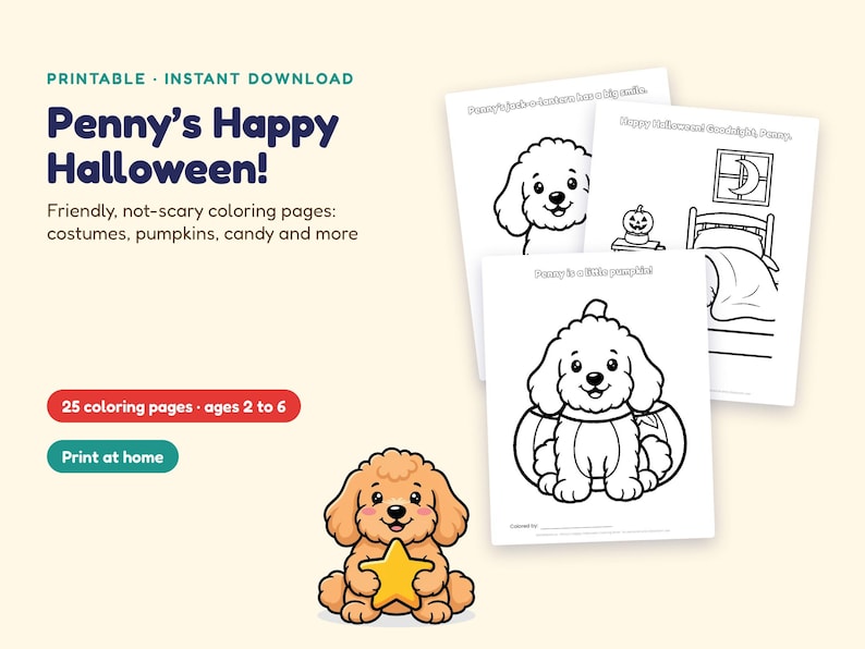 Puede incluir: Un conjunto de p&aacute;ginas para colorear imprimibles tituladas Penny's Happy Halloween con un cachorro de dibujos animados. Las p&aacute;ginas incluyen ilustraciones de un cachorro, una calabaza y una escena de dormitorio. Un cachorro sostiene una estrella.