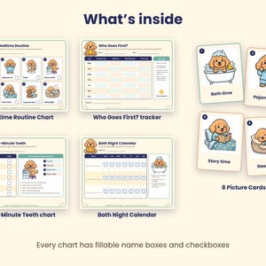 May include: A set of four printed charts and eight picture cards featuring a cartoon puppy. The charts include My Bedtime Routine, Who Goes First, Two-Minute Teeth, and Bath Night Calendar. Each chart contains fillable name boxes and checkboxes.