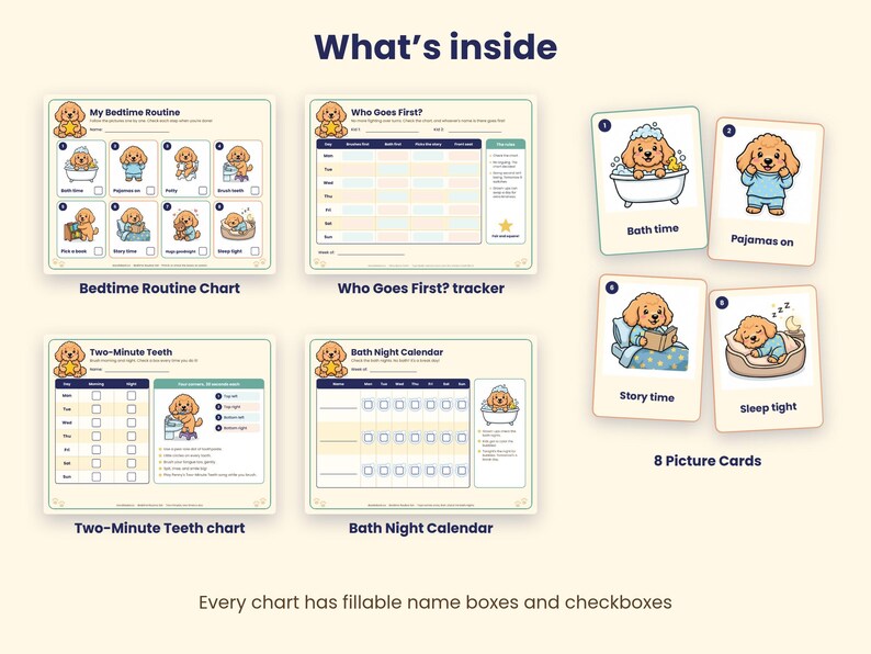 May include: A set of four printed charts and eight picture cards featuring a cartoon puppy. The charts include My Bedtime Routine, Who Goes First, Two-Minute Teeth, and Bath Night Calendar. Each chart contains fillable name boxes and checkboxes.
