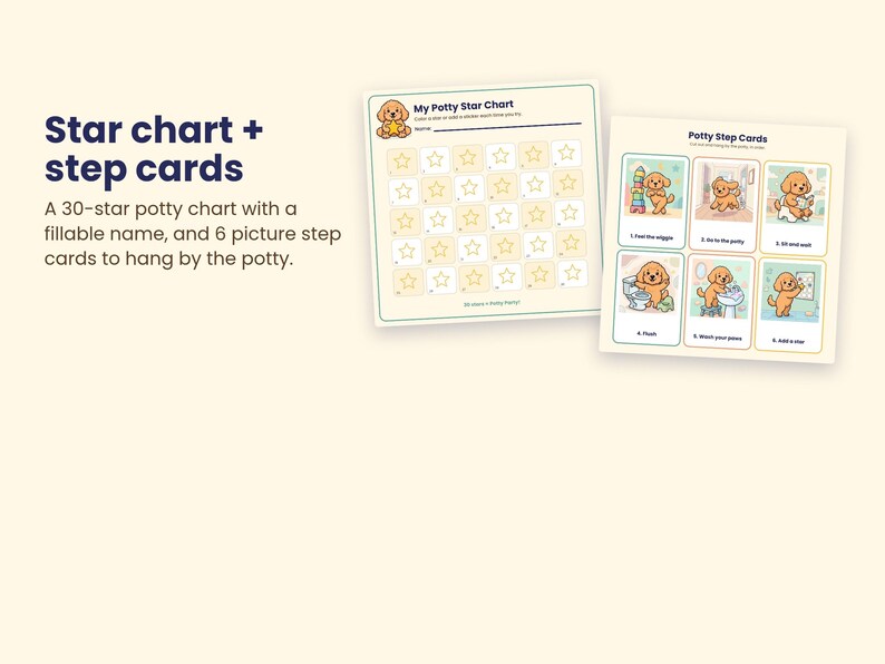 K&ouml;nnte beinhalten: Ein T&ouml;pfchentrainings-Set bestehend aus einem My Potty Star Chart mit drei&szlig;ig leeren Sternumrissen und einer Namenszeile sowie sechs Potty Step Cards mit Illustrationen eines Welpen, der Schritte wie Sp&uuml;len und H&auml;ndewaschen ausf&uuml;hrt.
