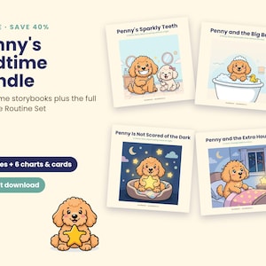 K&ouml;nnte beinhalten: Penny's Bedtime Bundle mit vier illustrierten Bilderb&uuml;chern mit den Titeln Penny's Sparkly Teeth, Penny and the Big Bath, Penny Is Not Scared of the Dark und Penny and the Extra Hour sowie sechs Diagrammen und Karten mit einem Welpen-Cartoon.