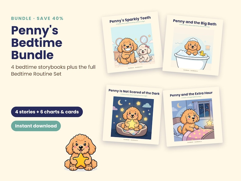 K&ouml;nnte beinhalten: Penny's Bedtime Bundle mit vier illustrierten Bilderb&uuml;chern mit den Titeln Penny's Sparkly Teeth, Penny and the Big Bath, Penny Is Not Scared of the Dark und Penny and the Extra Hour sowie sechs Diagrammen und Karten mit einem Welpen-Cartoon.