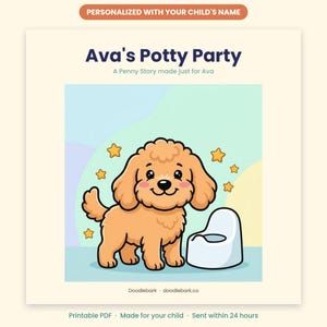 Peut inclure: Une couverture de livre personnalis&eacute;e intitul&eacute;e Ava's Potty Party montrant un chiot brun clair en dessin anim&eacute; &agrave; c&ocirc;t&eacute; d'un pot blanc. L'illustration comporte des &eacute;toiles jaunes sur fond bleu clair avec le texte Doodlebark doodlebark.co.