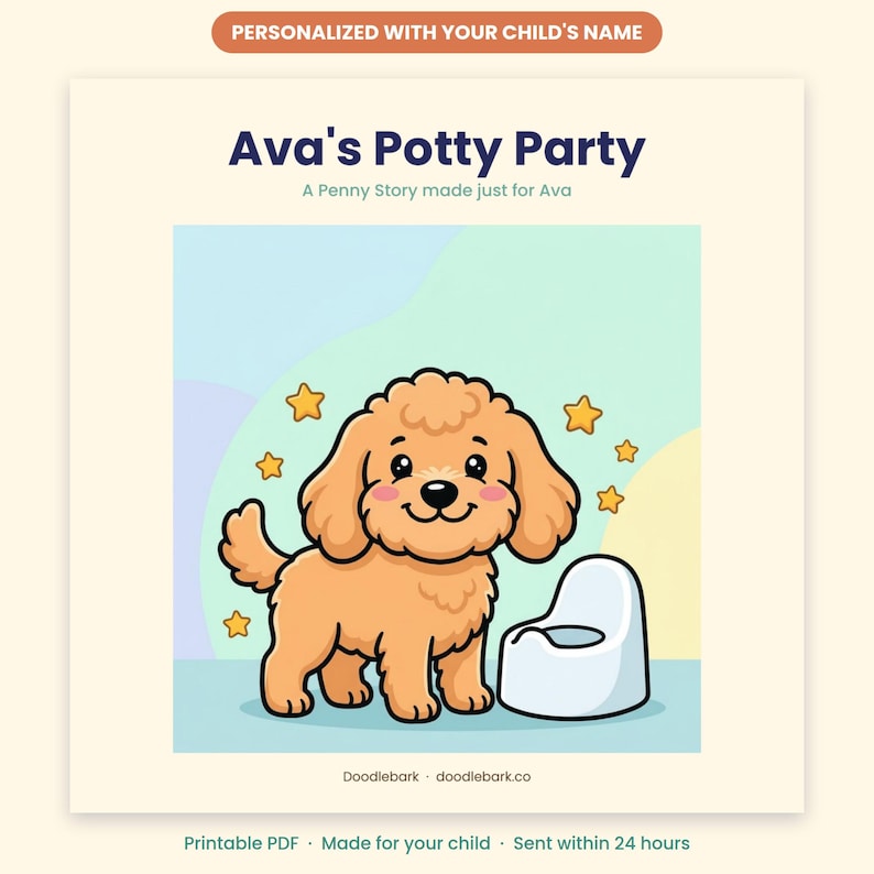 Peut inclure: Une couverture de livre personnalis&eacute;e intitul&eacute;e Ava's Potty Party montrant un chiot brun clair en dessin anim&eacute; &agrave; c&ocirc;t&eacute; d'un pot blanc. L'illustration comporte des &eacute;toiles jaunes sur fond bleu clair avec le texte Doodlebark doodlebark.co.