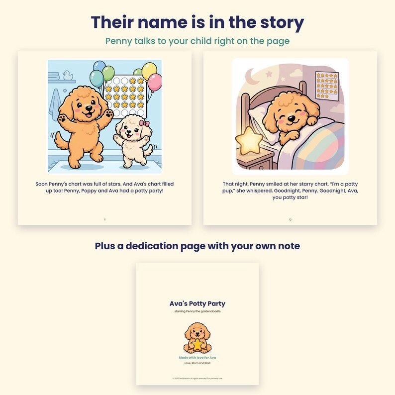 Peut inclure: Un livre pour enfants illustr&eacute; de chiots golden doodle, de tableaux de r&eacute;compenses &agrave; &eacute;toiles et de textes comme 'Their name is in the story', 'Ava's Potty Party' et 'Penny talks to your child right on the page'. Les pages montrent des chiots dans une salle de bain et une chambre.