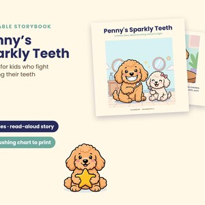 Pode incluir: Um livro de hist&oacute;rias imprim&iacute;vel intitulado Penny's Sparkly Teeth, com uma hist&oacute;ria de 19 p&aacute;ginas e um gr&aacute;fico de escova&ccedil;&atilde;o. A capa mostra dois c&atilde;es de desenho animado escovando os dentes, al&eacute;m de uma ilustra&ccedil;&atilde;o de um c&atilde;o segurando uma estrela.