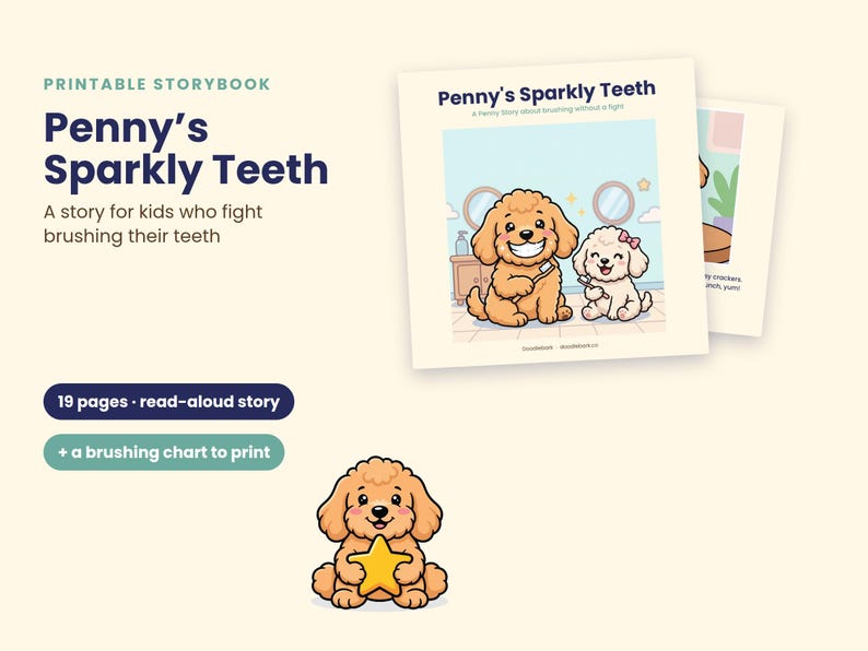 Pode incluir: Um livro de hist&oacute;rias imprim&iacute;vel intitulado Penny's Sparkly Teeth, com uma hist&oacute;ria de 19 p&aacute;ginas e um gr&aacute;fico de escova&ccedil;&atilde;o. A capa mostra dois c&atilde;es de desenho animado escovando os dentes, al&eacute;m de uma ilustra&ccedil;&atilde;o de um c&atilde;o segurando uma estrela.
