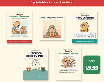 Könnte beinhalten: Penny's Christmas Bundle mit fünf druckbaren Aktivitätsblättern. Jede Seite zeigt Cartoon-Welpen in weihnachtlichen Umgebungen mit Texten wie Penny's Christmas Countdown, Merry Little Christmas, Merry Christmas, Holiday Pack und Christmas Eve Extras.
