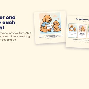 May include: A children's book page featuring two illustrated golden puppies. The text reads: Color one star each night. A bedtime countdown turns Is it Christmas yet? into something kids can see and do. It includes instructions to Try It With Penny.