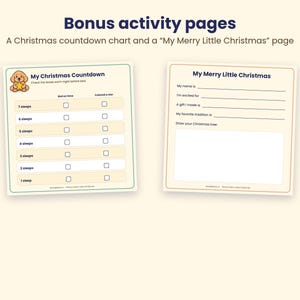 May include: Two printable activity pages titled Bonus activity pages. The left page is a My Christmas Countdown chart with a puppy illustration and checkboxes. The right page is titled My Merry Little Christmas with blank lines for writing and a box for drawing.