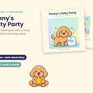 K&ouml;nnte beinhalten: Ein druckbares Bilderbuch mit dem Titel Penny's Potty Party, ein T&ouml;pfchentrainings-Set mit Geschichte, Sterntabelle und Schrittkarten. Das Cover zeigt einen braunen Cartoon-Welpen neben einem T&ouml;pfchen. Enth&auml;lt 19 Seiten Vorlesegeschichte und Zubeh&ouml;r.