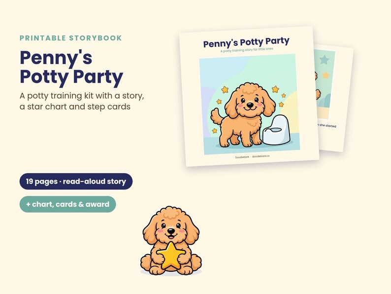 K&ouml;nnte beinhalten: Ein druckbares Bilderbuch mit dem Titel Penny's Potty Party, ein T&ouml;pfchentrainings-Set mit Geschichte, Sterntabelle und Schrittkarten. Das Cover zeigt einen braunen Cartoon-Welpen neben einem T&ouml;pfchen. Enth&auml;lt 19 Seiten Vorlesegeschichte und Zubeh&ouml;r.