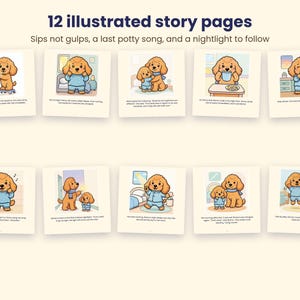 Puede incluir: Una colecci&oacute;n de 12 p&aacute;ginas de historia ilustradas con un caniche de dibujos animados en pijama azul. El texto dice 12 illustrated story pages, Sips not gulps, a last potty song, and a nightlight to follow, con escenas.