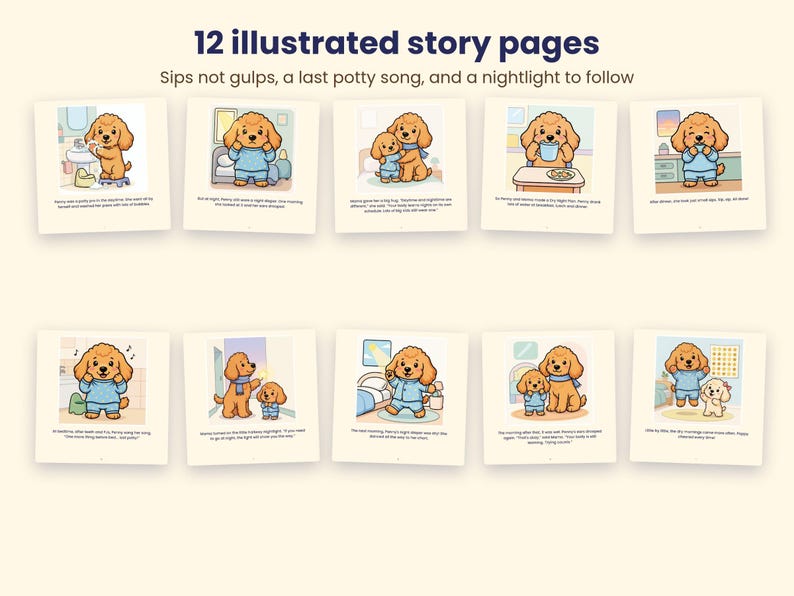 Puede incluir: Una colecci&oacute;n de 12 p&aacute;ginas de historia ilustradas con un caniche de dibujos animados en pijama azul. El texto dice 12 illustrated story pages, Sips not gulps, a last potty song, and a nightlight to follow, con escenas.