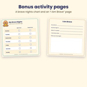Puede incluir: Dos p&aacute;ginas de actividades imprimibles tituladas Bonus activity pages. La p&aacute;gina izquierda es un gr&aacute;fico My Brave Nights con una ilustraci&oacute;n de un cachorro y casillas. La p&aacute;gina derecha es una hoja I Am Brave con l&iacute;neas y un recuadro.