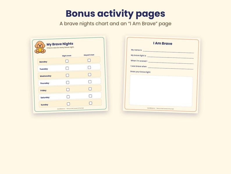 Puede incluir: Dos p&aacute;ginas de actividades imprimibles tituladas Bonus activity pages. La p&aacute;gina izquierda es un gr&aacute;fico My Brave Nights con una ilustraci&oacute;n de un cachorro y casillas. La p&aacute;gina derecha es una hoja I Am Brave con l&iacute;neas y un recuadro.