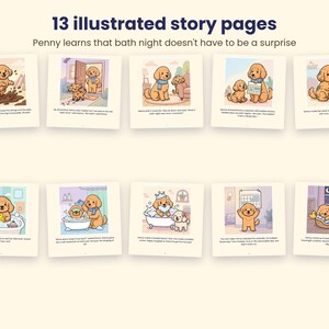 May include: A collection of 13 illustrated story pages titled Penny learns that bath night doesn't have to be a surprise. The pages feature a cartoon golden puppy in various scenes, including playing in mud, taking a bath, and sleeping in a bed.