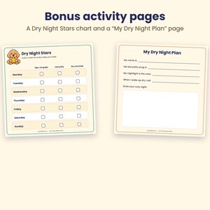 Puede incluir: Dos p&aacute;ginas de actividades tituladas Bonus activity pages. La p&aacute;gina izquierda es un gr&aacute;fico Dry Night Stars con una ilustraci&oacute;n de un cachorro y casillas semanales. La p&aacute;gina derecha es un formulario My Dry Night Plan.