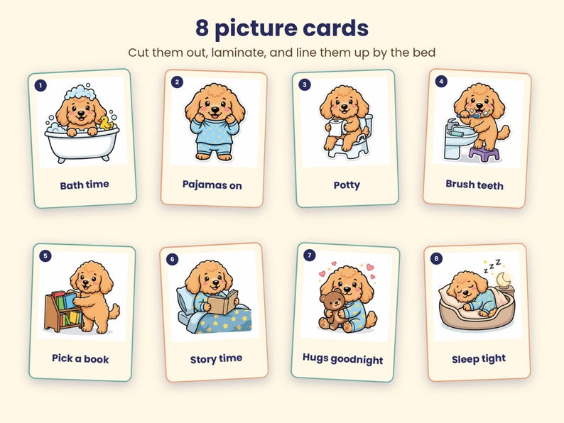 May include: Eight rectangular picture cards featuring a cartoon golden puppy performing daily routines. Each card is numbered one through eight and includes text labels: Bath time, Pajamas on, Potty, Brush teeth, Pick a book, Story time, Hugs goodnight, and Sleep tight.