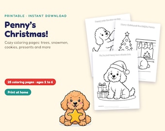 Puede incluir: Un conjunto de páginas para colorear imprimibles tituladas Penny's Christmas con un cachorro de dibujos animados. Las páginas incluyen arte lineal de un cachorro con una estrella, un árbol de Navidad, una chimenea y un gorro de Papá Noel.