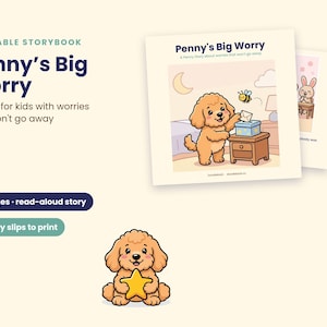 Puede incluir: Un libro de cuentos imprimible titulado Penny's Big Worry, que muestra a un cachorro de dibujos animados poniendo una carta en una caja azul. El set incluye 19 páginas de historia, fichas de preocupaciones para imprimir y un cachorro con estrella.