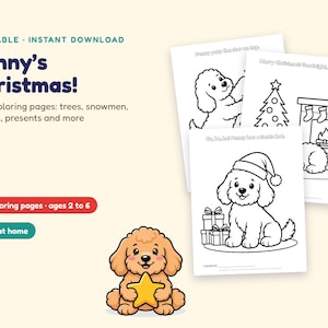 Może przedstawiać: Zestaw kolorowanek do druku zatytułowany Penny's Christmas z rysunkowym szczeniakiem. Strony zawierają rysunki liniowe szczeniaka z gwiazdką, choinką, kominkiem oraz szczeniaka w czapce Mikołaja obok prezent&oacute;w.