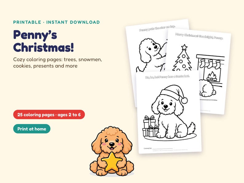 Może przedstawiać: Zestaw kolorowanek do druku zatytułowany Penny's Christmas z rysunkowym szczeniakiem. Strony zawierają rysunki liniowe szczeniaka z gwiazdką, choinką, kominkiem oraz szczeniaka w czapce Mikołaja obok prezent&oacute;w.