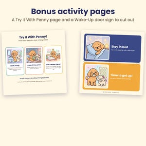 Puede incluir: Dos p&aacute;ginas de actividades imprimibles con perros de dibujos animados. La p&aacute;gina izquierda se titula Try It With Penny! y muestra tres pasos para el cambio de hora. La p&aacute;gina derecha incluye un cartel para puerta recortable con dos secciones.