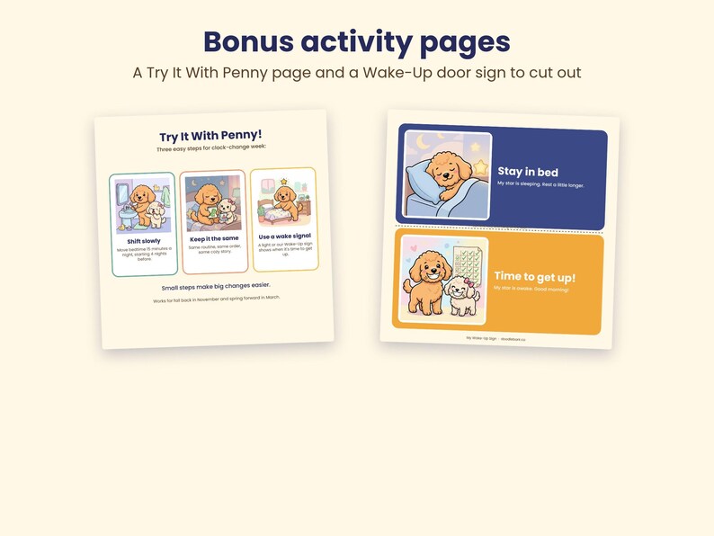 Puede incluir: Dos p&aacute;ginas de actividades imprimibles con perros de dibujos animados. La p&aacute;gina izquierda se titula Try It With Penny! y muestra tres pasos para el cambio de hora. La p&aacute;gina derecha incluye un cartel para puerta recortable con dos secciones.