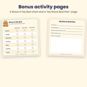 Pode incluir: Duas p&aacute;ginas de atividades imprim&iacute;veis intituladas Bonus activity pages. A p&aacute;gina esquerda &eacute; um gr&aacute;fico Brave in My Bed com uma ilustra&ccedil;&atilde;o de um cachorrinho e caixas de sele&ccedil;&atilde;o semanais. A direita &eacute; um My Brave Bed Plan com linhas.