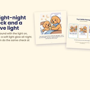 Puede incluir: Una p&aacute;gina de libro infantil con dos cachorros dorados, uno de ellos sosteniendo una luz en forma de estrella. El texto dice: A night-night check and a brave light. Look around with the light on, then let a soft light glow all night.