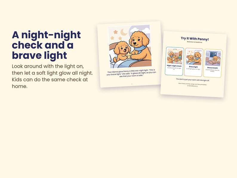 Puede incluir: Una p&aacute;gina de libro infantil con dos cachorros dorados, uno de ellos sosteniendo una luz en forma de estrella. El texto dice: A night-night check and a brave light. Look around with the light on, then let a soft light glow all night.