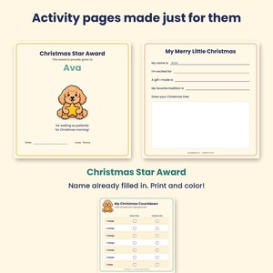 K&ouml;nnte beinhalten: Drei druckbare Aktivit&auml;tsseiten mit cremefarbenem Hintergrund und dunkelblauem Text. Die Seiten enthalten eine Christmas Star Award-Urkunde mit einem Cartoon-Welpen, der einen Stern h&auml;lt, ein My Merry Little Christmas-Ausf&uuml;llblatt und eine Countdown-Tabelle.