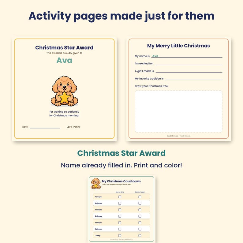 K&ouml;nnte beinhalten: Drei druckbare Aktivit&auml;tsseiten mit cremefarbenem Hintergrund und dunkelblauem Text. Die Seiten enthalten eine Christmas Star Award-Urkunde mit einem Cartoon-Welpen, der einen Stern h&auml;lt, ein My Merry Little Christmas-Ausf&uuml;llblatt und eine Countdown-Tabelle.