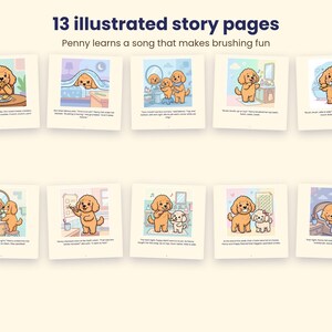 Pode incluir: Dez p&aacute;ginas de hist&oacute;ria ilustradas quadradas com um filhote dourado de desenho animado chamado Penny. As p&aacute;ginas mostram Penny comendo, escovando os dentes e dormindo. O texto "13 illustrated story pages" aparece no topo da imagem.