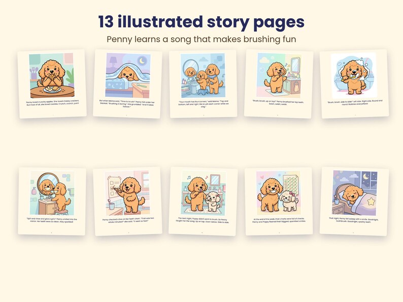Pode incluir: Dez p&aacute;ginas de hist&oacute;ria ilustradas quadradas com um filhote dourado de desenho animado chamado Penny. As p&aacute;ginas mostram Penny comendo, escovando os dentes e dormindo. O texto "13 illustrated story pages" aparece no topo da imagem.