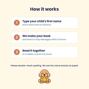 Peut inclure: Un graphique explicatif intitul&eacute; How it works avec trois &eacute;tapes num&eacute;rot&eacute;es. &Eacute;tape 1 : Type your child's first name and a short note at checkout. &Eacute;tape 2 : We make your book and send it in Etsy Messages within 24 hours. &Eacute;tape 3 : Read it together on a tablet, or print it at home. Inclut un chiot dessin anim&eacute; tenant une &eacute;toile jaune.